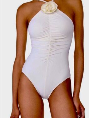 kate spade Cream Ruffled Swim Top with Floral Trim